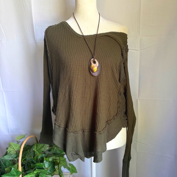 Free People Tops - We The Free Free People Olive Green Waffle Knit Thermal Top XS Boho Raw Seam